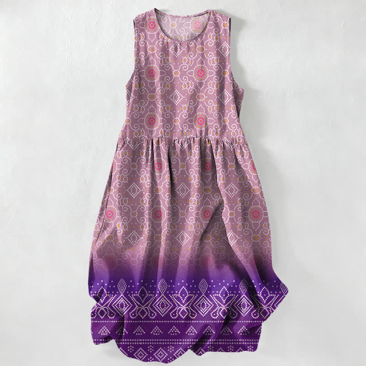 Buddha Stones Vestido midi de verano informal bohemio con estampado geométrico floral para mujer, sin mangas y con bolsillos. - Ciruela - US16，UK/AU20，EU48 (3XL) - image 4