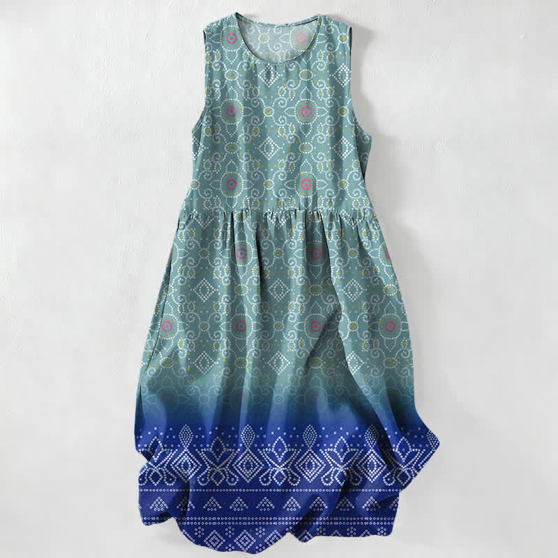 Buddha Stones Vestido midi de verano informal bohemio con estampado geométrico floral para mujer, sin mangas y con bolsillos. - Turquesa - US16，UK/AU20，EU48 (3XL) - image 5