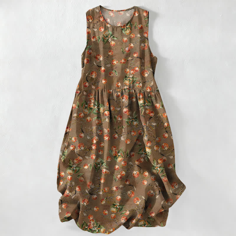 Buddha Stones Vestido midi de verano informal vintage para mujer con estampado floral y de hojas, sin mangas y con bolsillos. - Perú - US16，UK/AU20，EU48 (3XL) - image 0