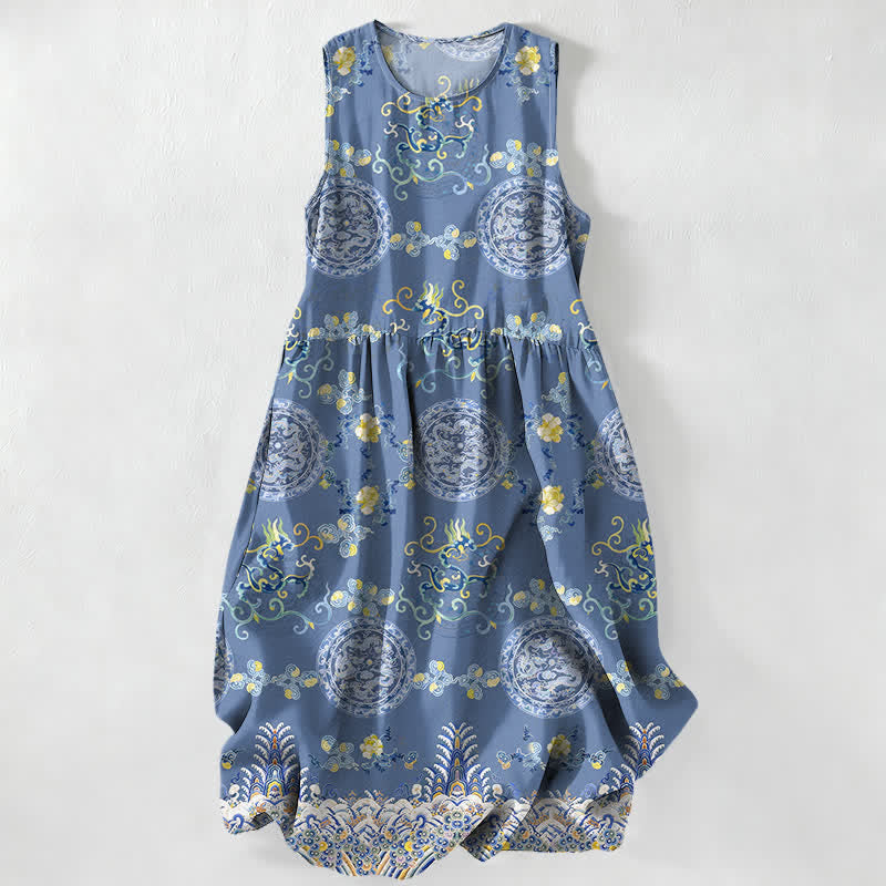Buddha Stones Vestido midi de verano informal vintage para mujer con estampado de medallones florales y hojas, sin mangas y con bolsillos. - Azul acero - US16，UK/AU20，EU48 (3XL) - image 0