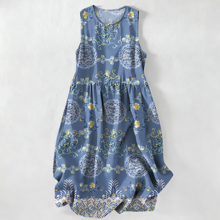 Buddha Stones Vestido midi de verano informal vintage para mujer con estampado de medallones florales y hojas, sin mangas y con bolsillos. - Azul acero - US16，UK/AU20，EU48 (3XL) - image 0