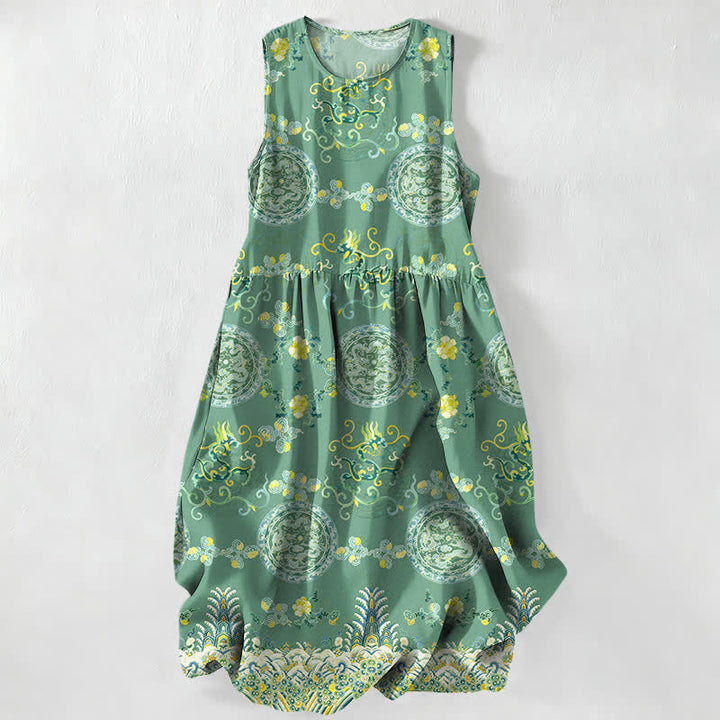 Buddha Stones Vestido midi de verano informal vintage para mujer con estampado de medallones florales y hojas, sin mangas y con bolsillos. - Verde mar medio - US16，UK/AU20，EU48 (3XL) - image 4