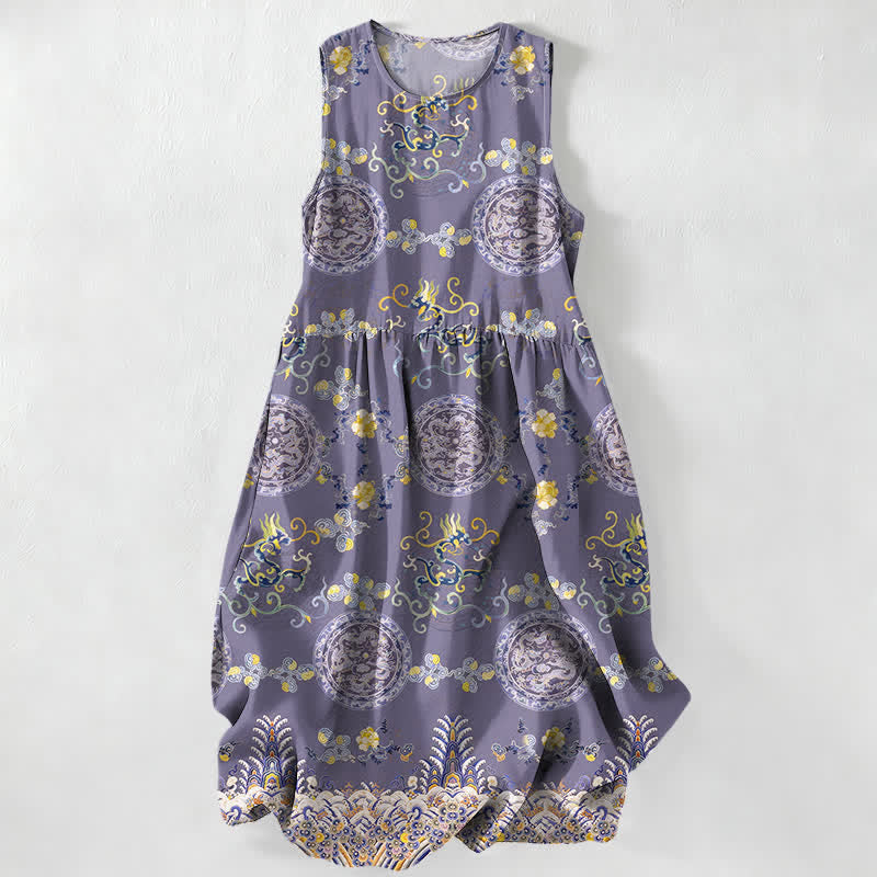 Buddha Stones Vestido midi de verano informal vintage para mujer con estampado de medallones florales y hojas, sin mangas y con bolsillos. - Cardo - US16，UK/AU20，EU48 (3XL) - image 5