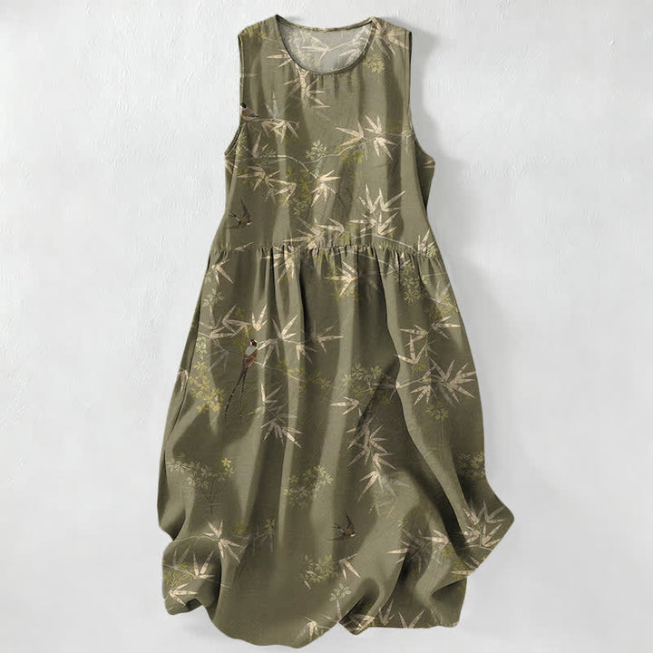 Buddha Stones Vestido midi de verano informal para mujer con estampado de hojas de bambú y bolsillos. - Verde oliva - US16，UK/AU20，EU48 (3XL) - image 0