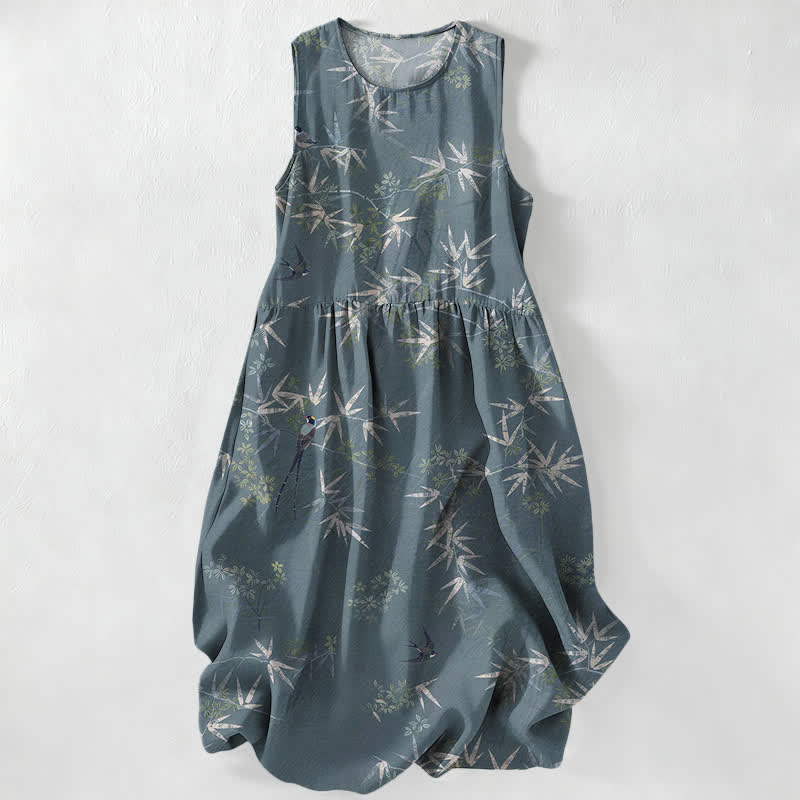 Buddha Stones Vestido midi de verano informal para mujer con estampado de hojas de bambú y bolsillos. - Azul cadete - US16，UK/AU20，EU48 (3XL) - image 5
