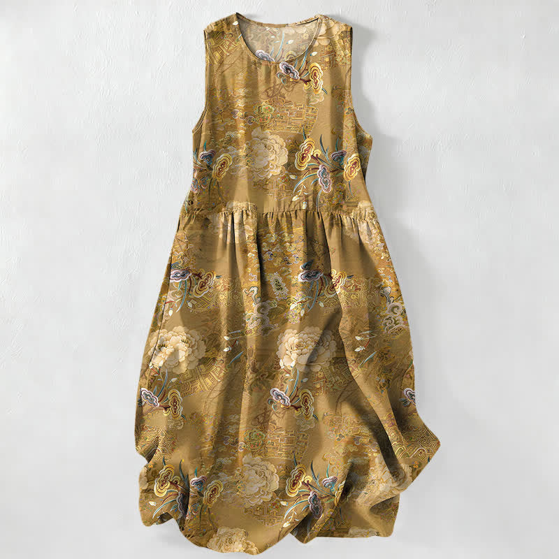 Buddha Stones Vestido midi de verano informal vintage con estampado floral paisley para mujer, sin mangas y con bolsillos. - Vara de oro oscura - US16，UK/AU20，EU48 (3XL) - image 0