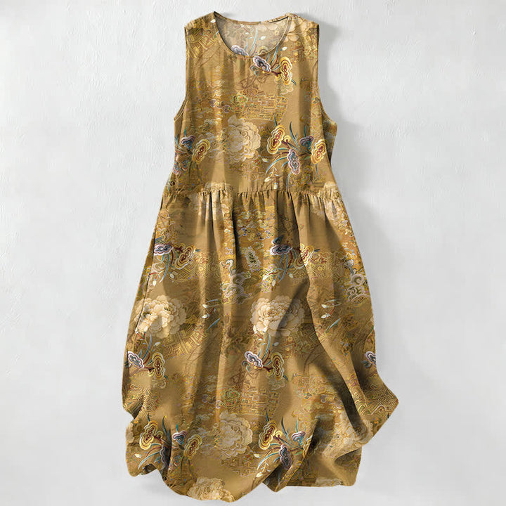 Buddha Stones Vestido midi de verano informal vintage con estampado floral paisley para mujer, sin mangas y con bolsillos. - Vara de oro oscura - US16，UK/AU20，EU48 (3XL) - image 0
