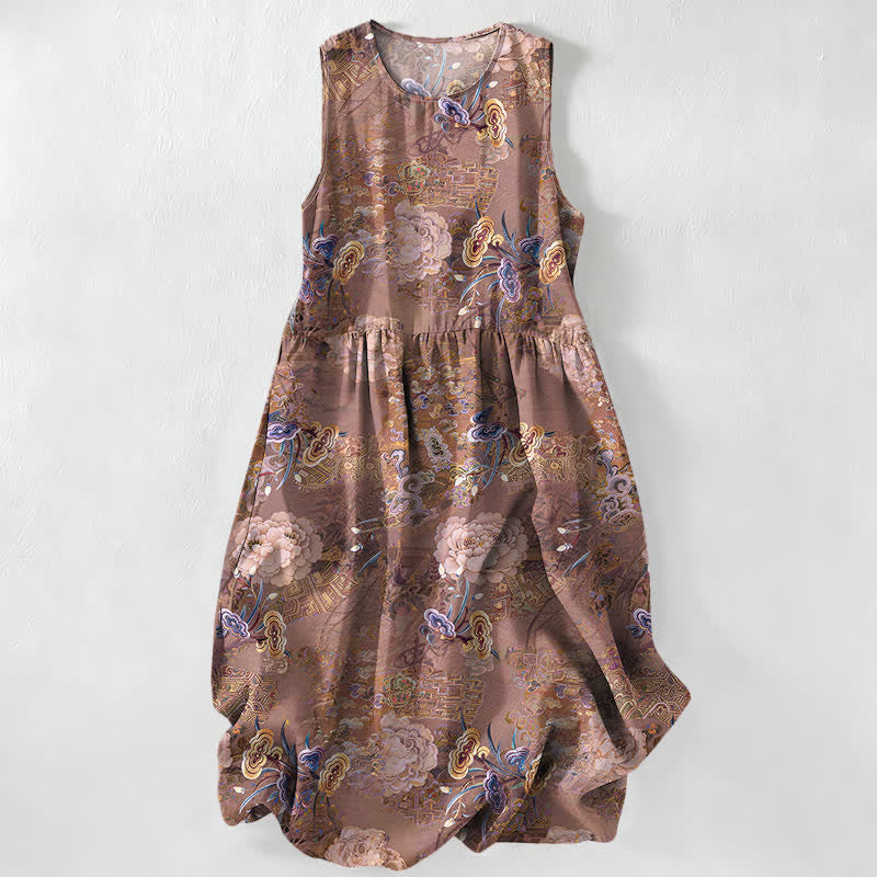 Buddha Stones Vestido midi de verano informal vintage con estampado floral paisley para mujer, sin mangas y con bolsillos. - Perú - US16，UK/AU20，EU48 (3XL) - image 4