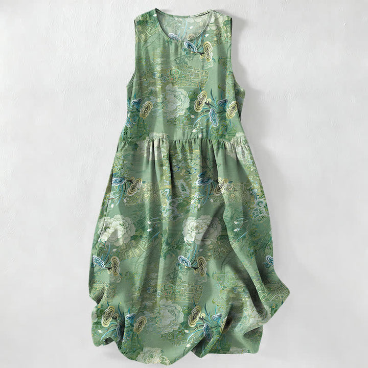 Buddha Stones Vestido midi de verano informal vintage con estampado floral paisley para mujer, sin mangas y con bolsillos. - Verde mar medio - US16，UK/AU20，EU48 (3XL) - image 5