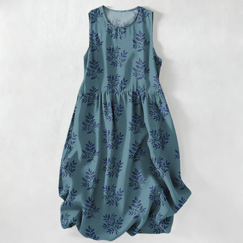 Buddha Stones Vestido midi de verano informal para mujer con estampado de hojas botánicas y bolsillos. - Azul cadete - US16，UK/AU20，EU48 (3XL) - image 4