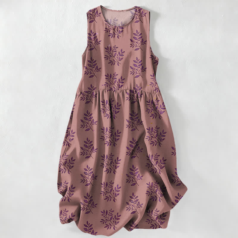Buddha Stones Vestido midi de verano informal para mujer con estampado de hojas botánicas y bolsillos. - Rojo violeta pálido - US16，UK/AU20，EU48 (3XL) - image 5