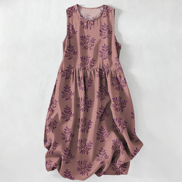 Buddha Stones Vestido midi de verano informal para mujer con estampado de hojas botánicas y bolsillos. - Rojo violeta pálido - US16，UK/AU20，EU48 (3XL) - image 5