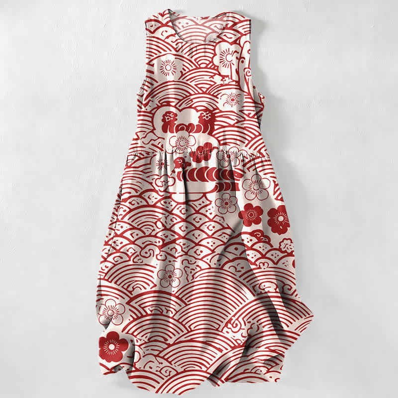 Buddha Stones Vestido midi sin mangas con estampado floral y bolsillos para mujer, estilo casual de verano de Seigaiha. - Blanco floral - US16，UK/AU20，EU48 (3XL) - image 0