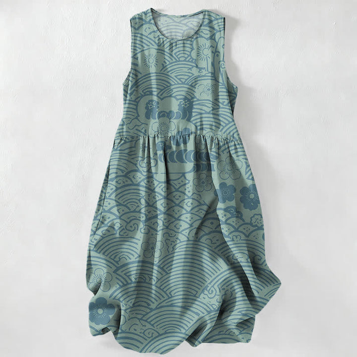 Buddha Stones Vestido midi sin mangas con estampado floral y bolsillos para mujer, estilo casual de verano de Seigaiha. - Turquesa - US16，UK/AU20，EU48 (3XL) - image 4