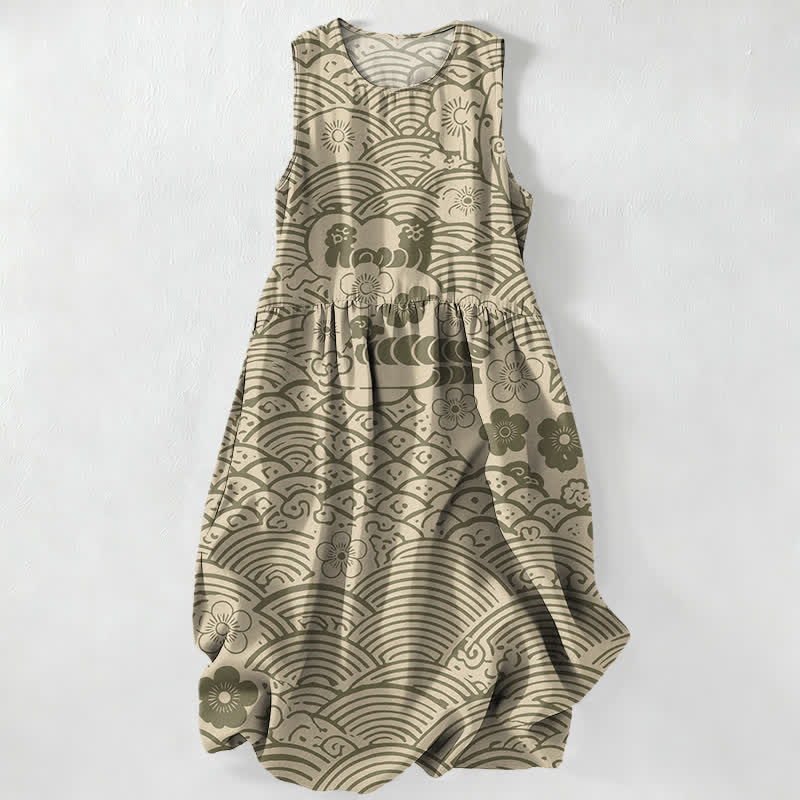 Buddha Stones Vestido midi sin mangas con estampado floral y bolsillos para mujer, estilo casual de verano de Seigaiha. - Caqui oscuro - US16，UK/AU20，EU48 (3XL) - image 5