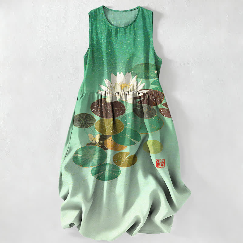 Buddha Stones Vestido midi de verano informal para mujer con estampado de estanque de lotos y sin mangas, con bolsillos. - Aguamarina - US16，UK/AU20，EU48 (3XL) - image 0
