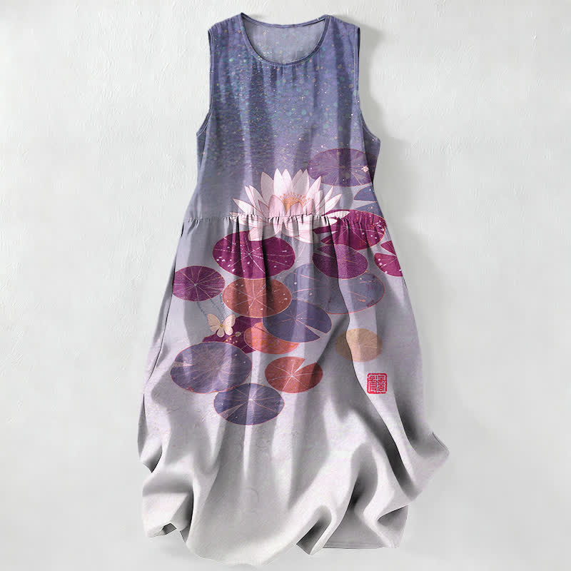 Buddha Stones Vestido midi de verano informal para mujer con estampado de estanque de lotos y sin mangas, con bolsillos. - Lavanda - US16，UK/AU20，EU48 (3XL) - image 5