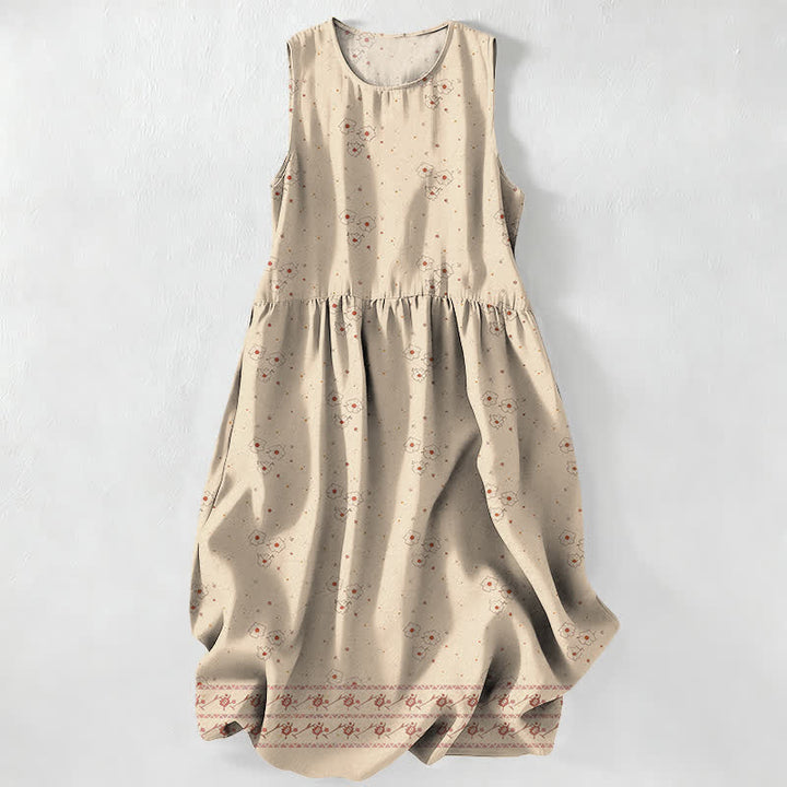 Buddha Stones Vestido midi de verano informal para mujer con estampado floral de lunares y sin mangas, con bolsillos. - Beige - US16，UK/AU20，EU48 (3XL) - image 0