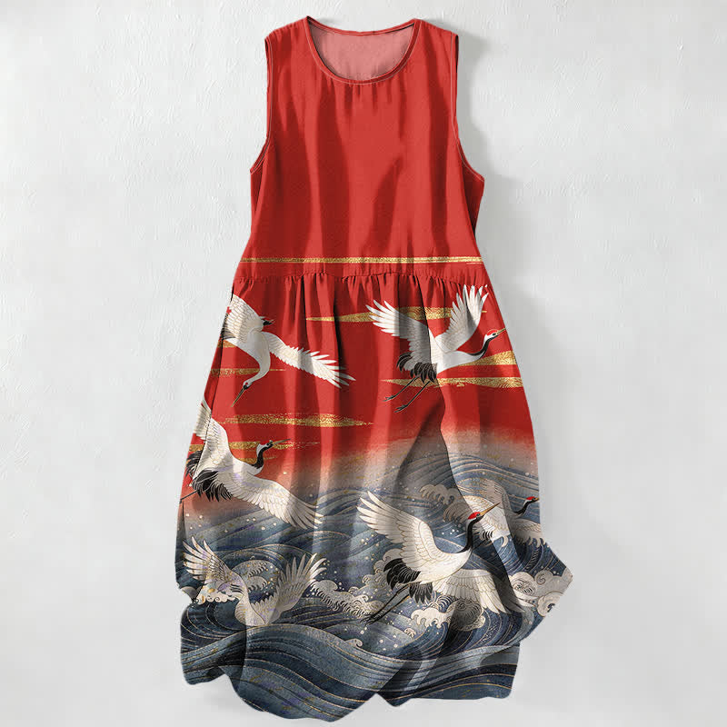 Buddha Stones Vestido midi de verano informal para mujer con estampado de grullas y olas, sin mangas y con bolsillos. - Rojo - US16，UK/AU20，EU48 (3XL) - image 0