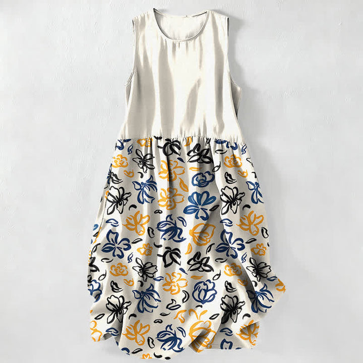 Buddha Stones Vestido midi de verano informal para mujer con estampado floral abstracto y sin mangas, con bolsillos. - Marfil - US16，UK/AU20，EU48 (3XL) - image 0