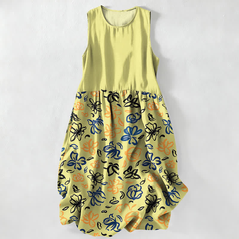 Buddha Stones Vestido midi de verano informal para mujer con estampado floral abstracto y sin mangas, con bolsillos. - Chifón de limón - US16，UK/AU20，EU48 (3XL) - image 4