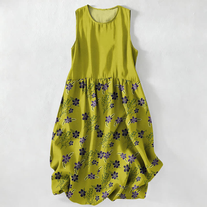 Buddha Stones Vestido midi de verano informal para mujer con estampado floral morado y hojas, sin mangas y con bolsillos. - Verde amarillento - US16，UK/AU20，EU48 (3XL) - image 0