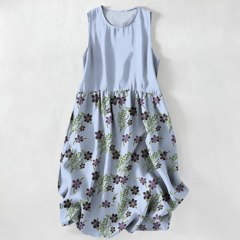 Buddha Stones Vestido midi de verano informal para mujer con estampado floral morado y hojas, sin mangas y con bolsillos. - Azul claro - US16，UK/AU20，EU48 (3XL) - image 4