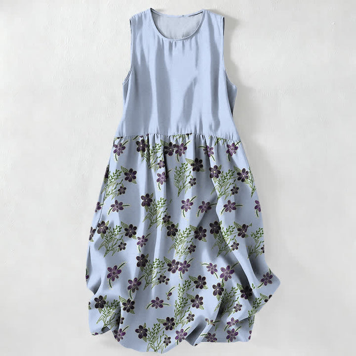 Buddha Stones Vestido midi de verano informal para mujer con estampado floral morado y hojas, sin mangas y con bolsillos. - Azul claro - US16，UK/AU20，EU48 (3XL) - image 4