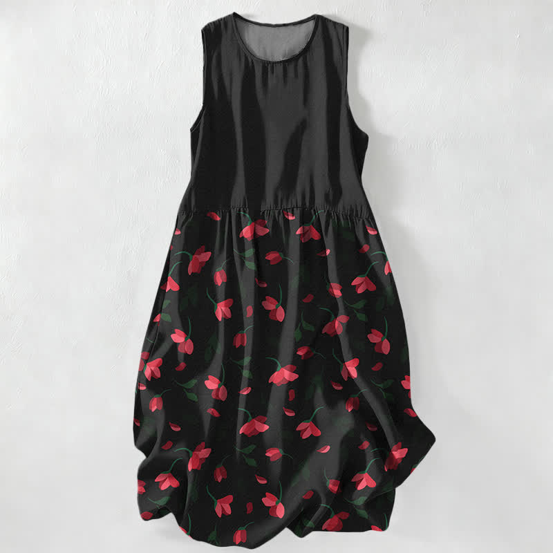 Buddha Stones Vestido midi de verano informal para mujer con estampado floral rojo y bolsillos. - Negro - US16，UK/AU20，EU48 (3XL) - image 0