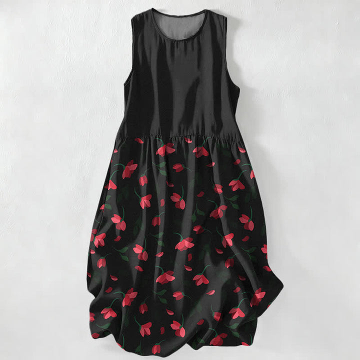 Buddha Stones Vestido midi de verano informal para mujer con estampado floral rojo y bolsillos. - Negro - US16，UK/AU20，EU48 (3XL) - image 0