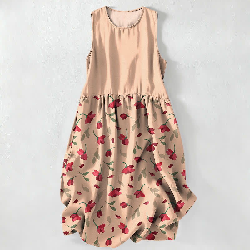 Buddha Stones Vestido midi de verano informal para mujer con estampado floral rojo y bolsillos. - PeachPuff - US16，UK/AU20，EU48 (3XL) - image 4