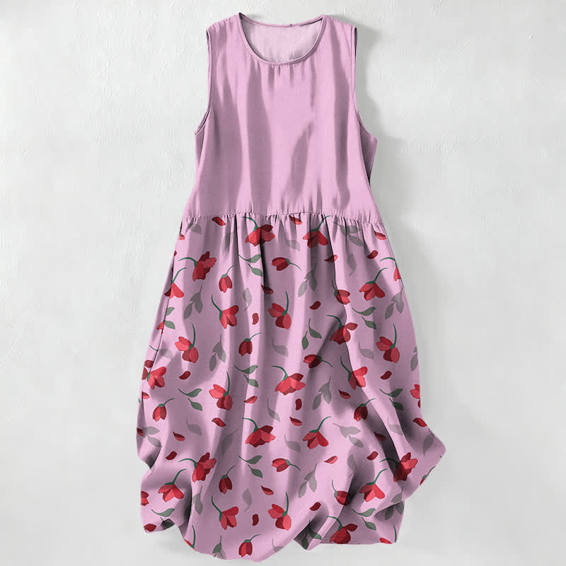 Buddha Stones Vestido midi de verano informal para mujer con estampado floral rojo y bolsillos. - rosa claro - US16，UK/AU20，EU48 (3XL) - image 5