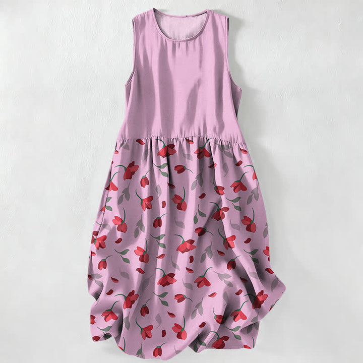 Buddha Stones Vestido midi de verano informal para mujer con estampado floral rojo y bolsillos. - rosa claro - US16，UK/AU20，EU48 (3XL) - image 5