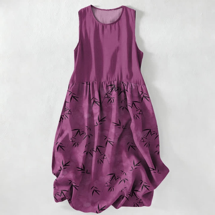 Buddha Stones Vestido midi de verano informal para mujer con estampado de hojas de bambú y bolsillos. - Rojo violeta medio - US16，UK/AU20，EU48 (3XL) - image 0