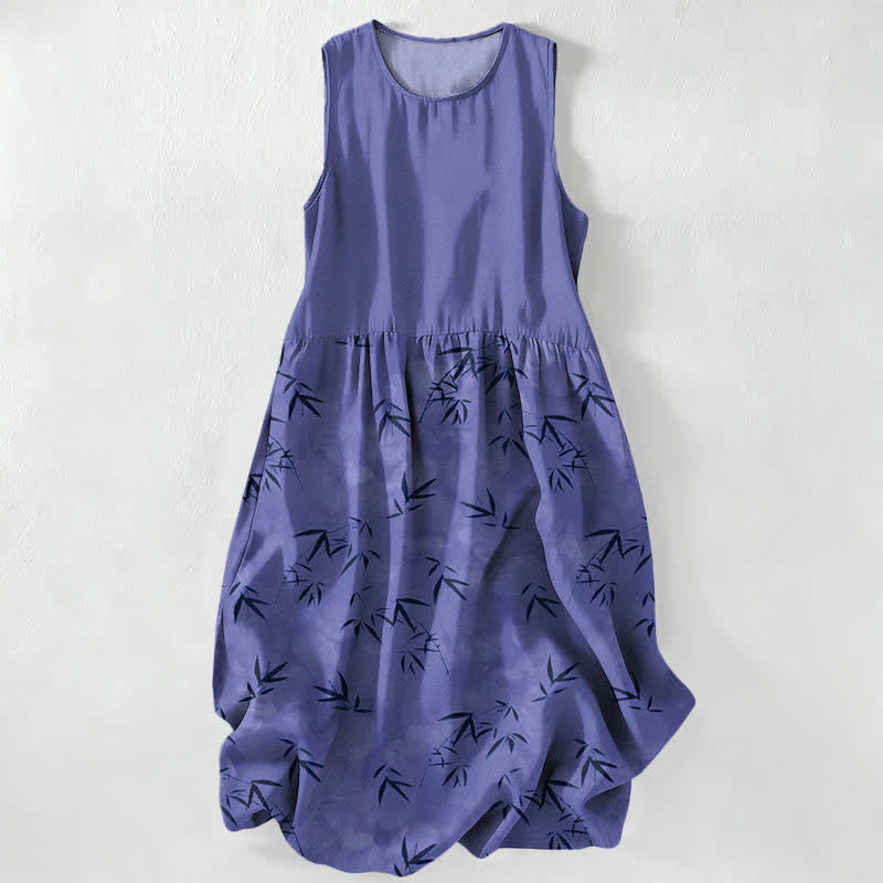 Buddha Stones Vestido midi de verano informal para mujer con estampado de hojas de bambú y bolsillos. - Azul pizarra - US16，UK/AU20，EU48 (3XL) - image 4