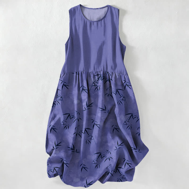 Buddha Stones Vestido midi de verano informal para mujer con estampado de hojas de bambú y bolsillos. - Azul pizarra - US16，UK/AU20，EU48 (3XL) - image 4