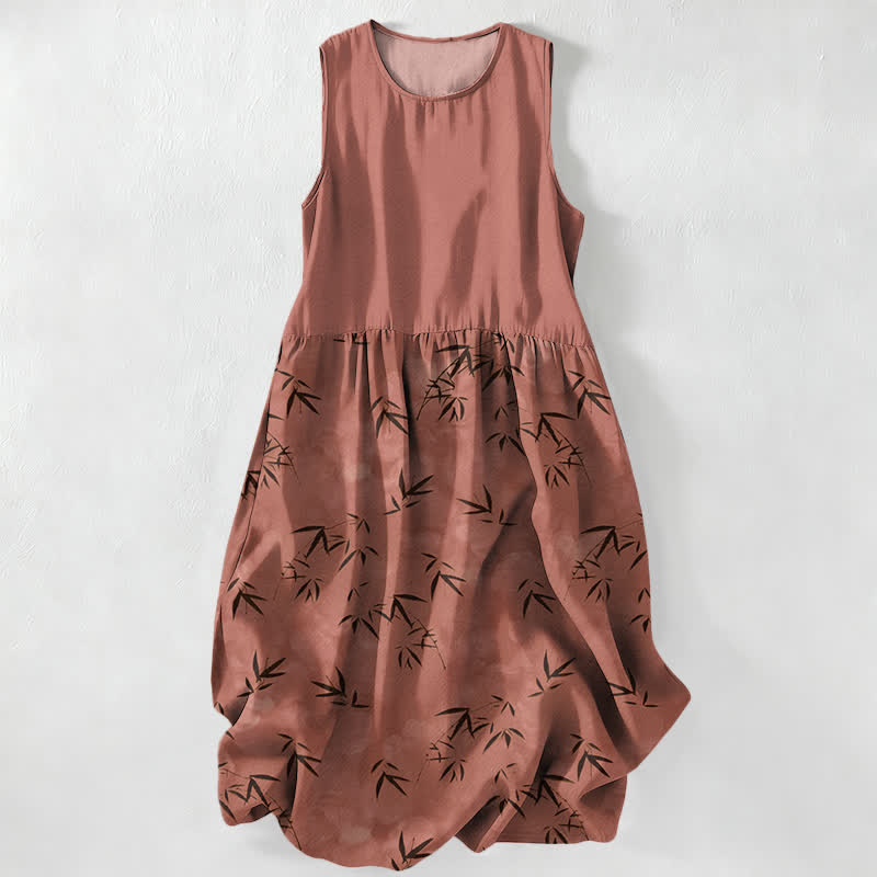 Buddha Stones Vestido midi de verano informal para mujer con estampado de hojas de bambú y bolsillos. - Chocolate - US16，UK/AU20，EU48 (3XL) - image 5