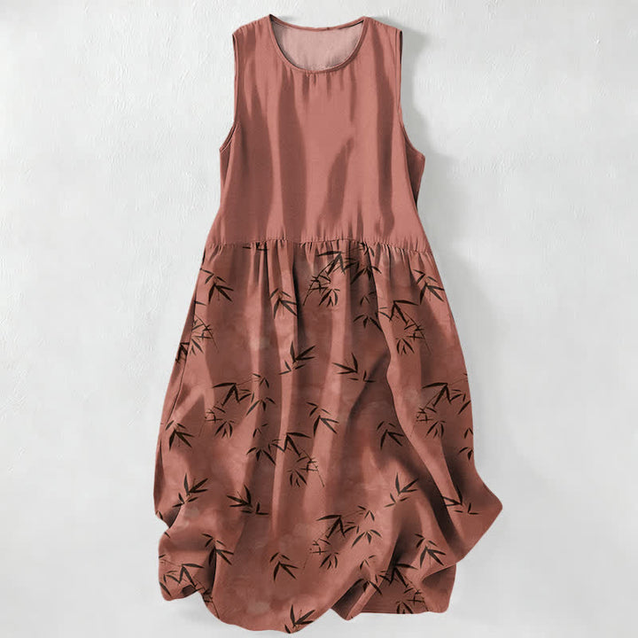 Buddha Stones Vestido midi de verano informal para mujer con estampado de hojas de bambú y bolsillos. - Chocolate - US16，UK/AU20，EU48 (3XL) - image 5