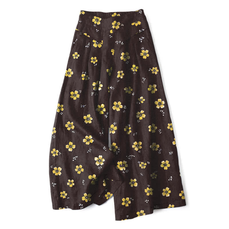 Buddha Stones Pantalones de mujer de lino y algodón con estampado floral vintage, cintura elástica, pernera ancha y bolsillos. - Negro - US16，UK/AU20，EU48 (3XL) - image 0