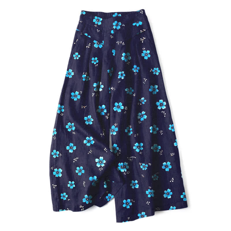 Buddha Stones Pantalones de mujer de lino y algodón con estampado floral vintage, cintura elástica, pernera ancha y bolsillos. - Marina de guerra - US16，UK/AU20，EU48 (3XL) - image 4