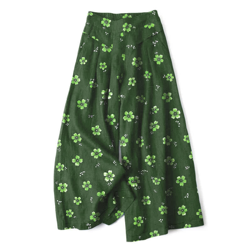 Buddha Stones Pantalones de mujer de lino y algodón con estampado floral vintage, cintura elástica, pernera ancha y bolsillos. - Verde bosque - US16，UK/AU20，EU48 (3XL) - image 6