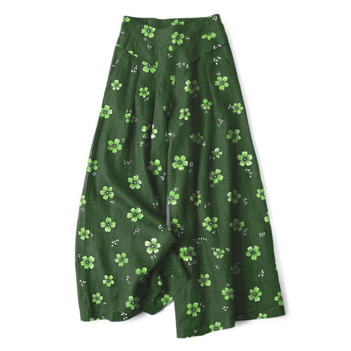 Buddha Stones Pantalones de mujer de lino y algodón con estampado floral vintage, cintura elástica, pernera ancha y bolsillos. - Verde bosque - US16，UK/AU20，EU48 (3XL) - image 6