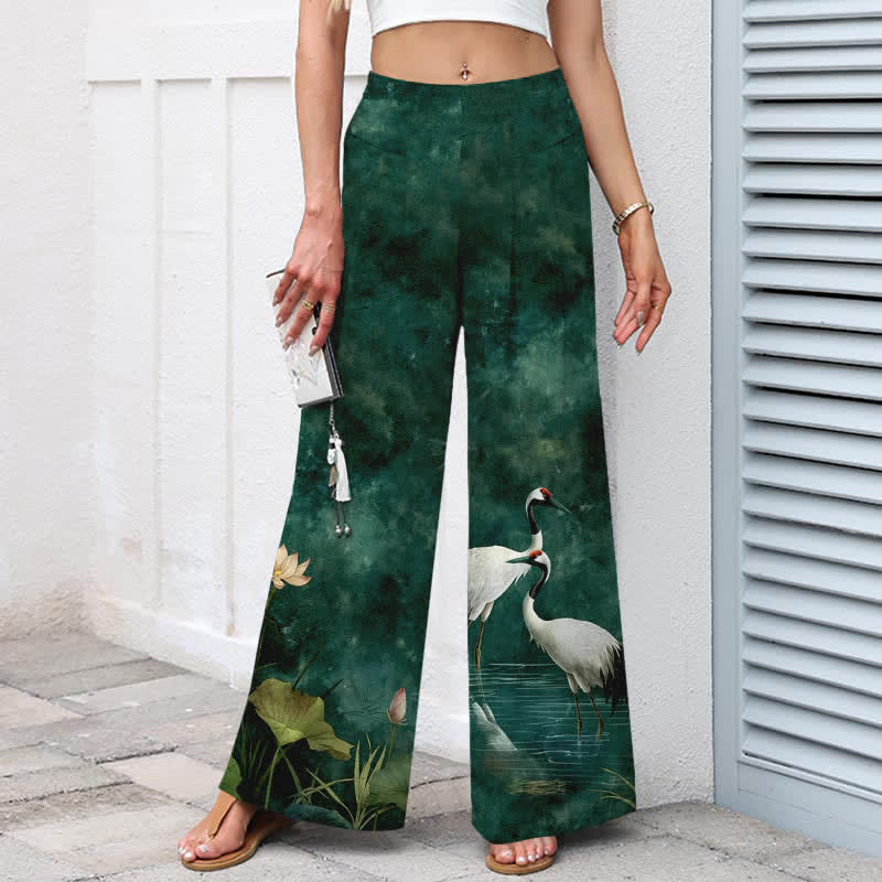 Buddha Stones Pantalones de mujer de algodón y lino con estampado de grullas y lotos, cintura elástica, pernera ancha y bolsillos. - image 1