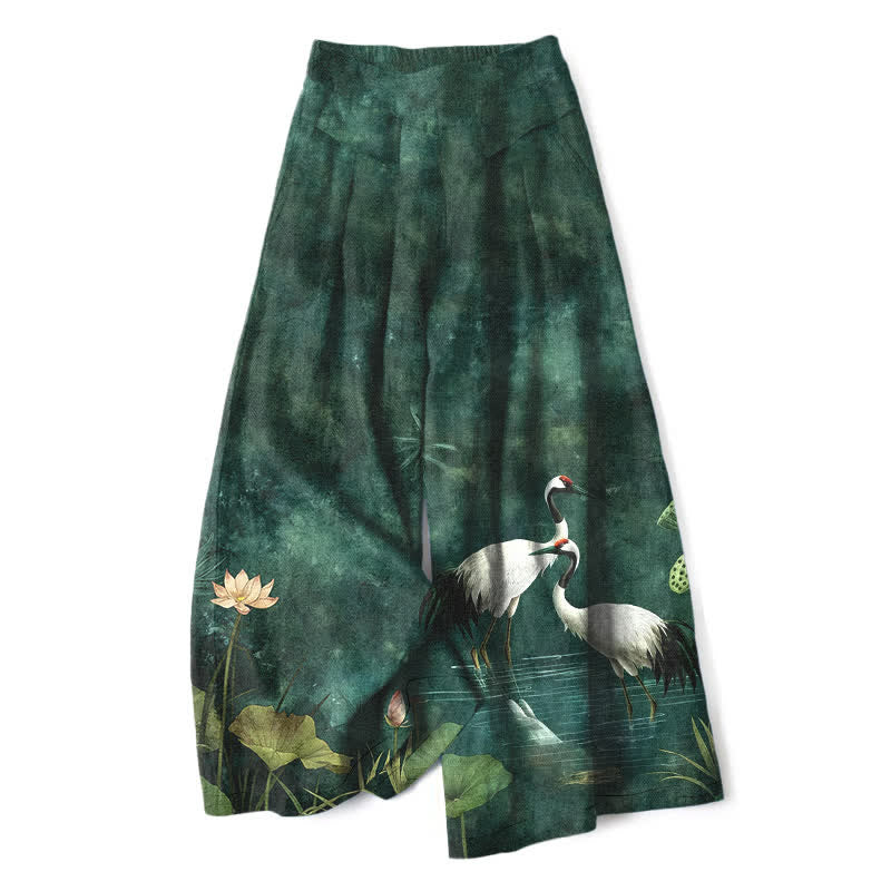 Buddha Stones Pantalones de mujer de algodón y lino con estampado de grullas y lotos, cintura elástica, pernera ancha y bolsillos. - Verde bosque - US16，UK/AU20，EU48 (3XL) - image 0