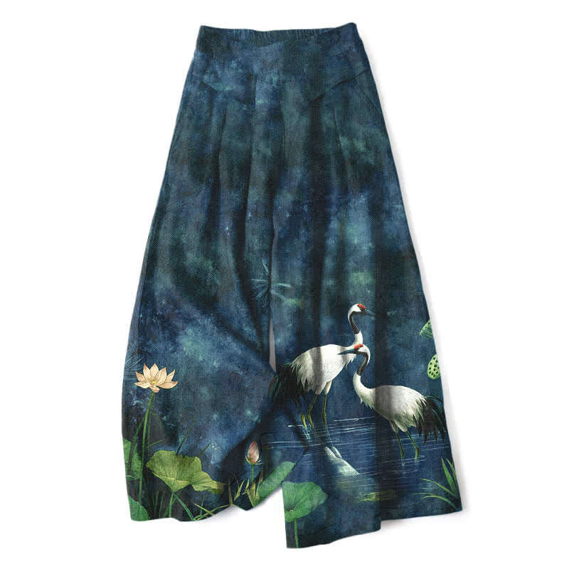 Buddha Stones Pantalones de mujer de algodón y lino con estampado de grullas y lotos, cintura elástica, pernera ancha y bolsillos. - Azul acero - US16，UK/AU20，EU48 (3XL) - image 4