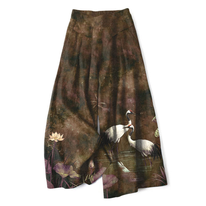 Buddha Stones Pantalones de mujer de algodón y lino con estampado de grullas y lotos, cintura elástica, pernera ancha y bolsillos. - Marrón silla de montar - US16，UK/AU20，EU48 (3XL) - image 6