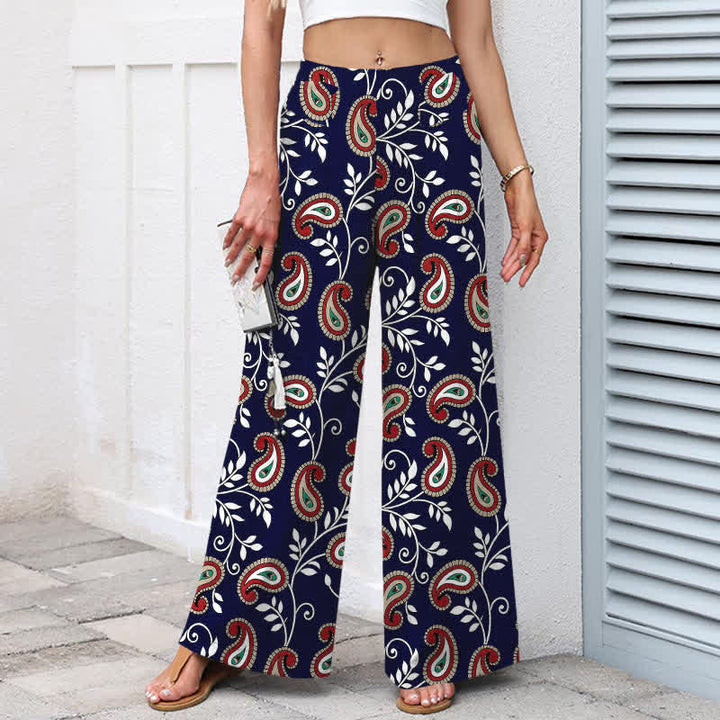 Buddha Stones Pantalones de mujer de algodón y lino con estampado bohemio de cachemir, cintura elástica y pernera ancha con bolsillos. - image 1