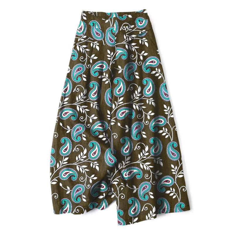 Buddha Stones Pantalones de mujer de algodón y lino con estampado bohemio de cachemir, cintura elástica y pernera ancha con bolsillos. - Verde oliva oscuro - US16，UK/AU20，EU48 (3XL) - image 4