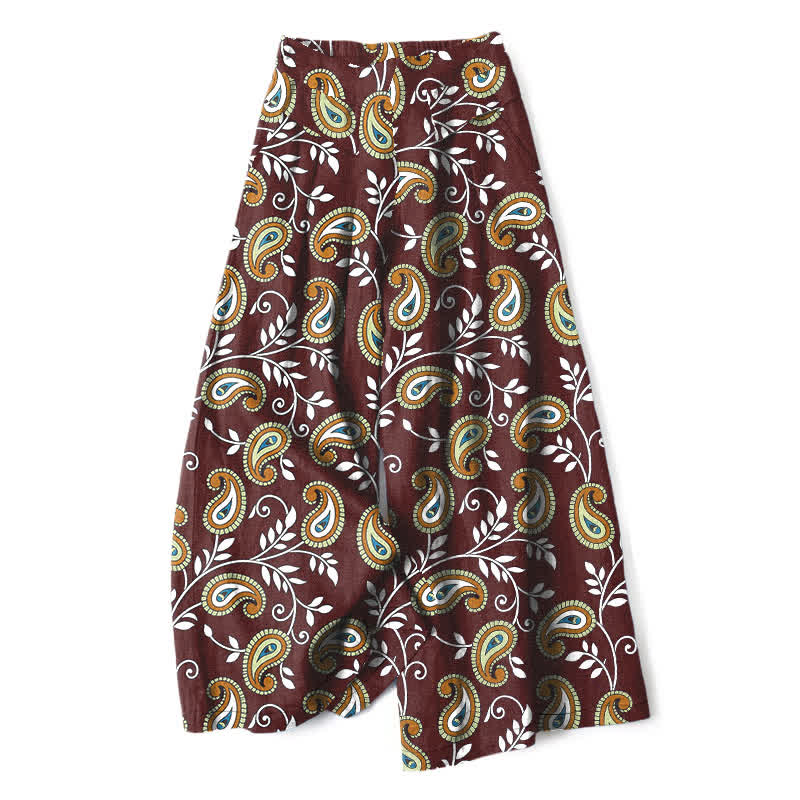Buddha Stones Pantalones de mujer de algodón y lino con estampado bohemio de cachemir, cintura elástica y pernera ancha con bolsillos. - Granate - US16，UK/AU20，EU48 (3XL) - image 6