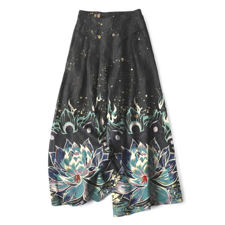 Buddha Stones Pantalones de mujer de lino y algodón con estampado de flor de loto, cintura elástica y pernera ancha con bolsillos. - Negro - US16，UK/AU20，EU48 (3XL) - image 0